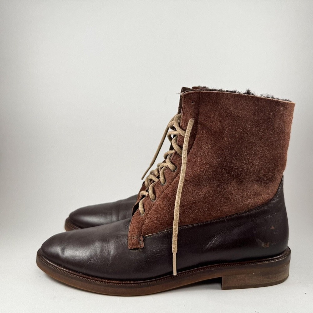Brown Leather‎ Suede Lace Up Boots Faux Fur Lined Fold Over Ankle Ann Taylor - Picture 2 of 16